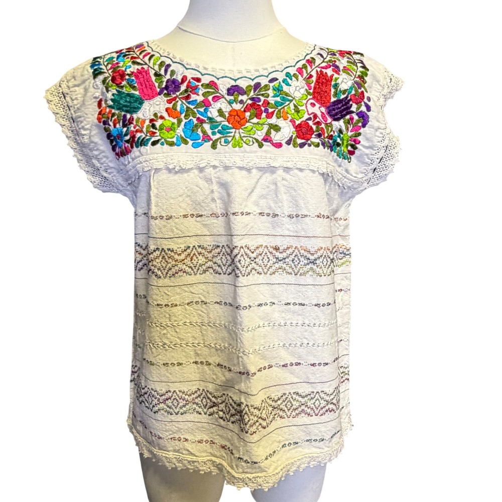 Vintage Mexican Tunic Blouse Womens M/L White Good Floral Embroidered Boho